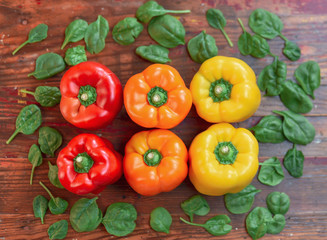 Top view of fresh raw  veggies on distressed wooden table
