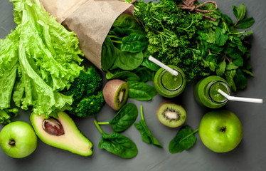 smoothie with vegetables, avocado, apple, kiwi . sports nutrition