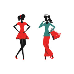 Naklejka na ściany i meble women silhouette retro style with shopping bags