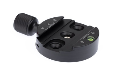 Tripod leveling head base with level are modular, with a flat centre disk isolated on white...