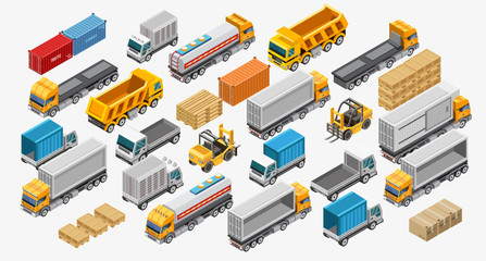 Isometric logistics set of forklifts and freight trucks amidst pallets with goods
