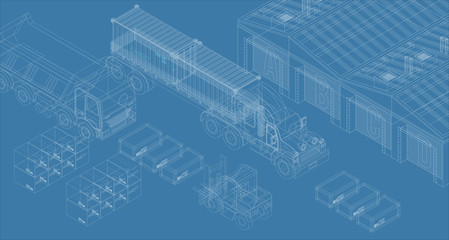 Vector of sketch isometric design of truck with warehouse for delivery concept