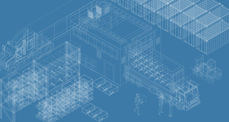 Wireframe design of trucks with warehouse for delivery system