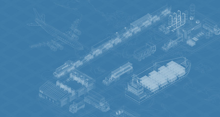 Blueprint design of vector image showing various types of delivery transport and logistics 