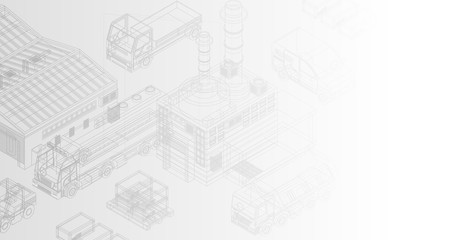 Creative isometric design of delivery system with trucks and warehouse on white background