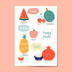 Funny fruit cartoon stickers vector set
