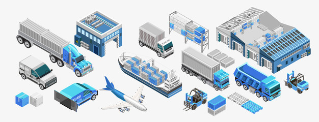 Set of assorted freight transport and storage facilities of blue color