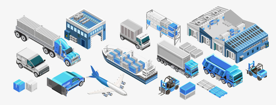 Set Of Assorted Freight Transport And Storage Facilities Of Blue Color