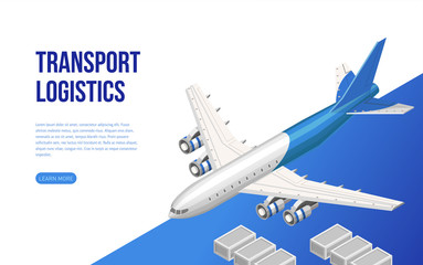 Contemporary web design in isometry of page presenting information about transport logistics with plane 