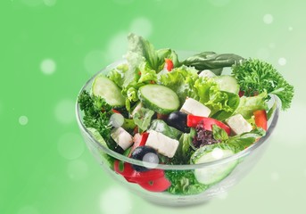 Closeup of Greek salad with feta cheese, cherry tomatoes and