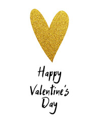 Happy Valentines Day greeting card with gold sparkle heart.