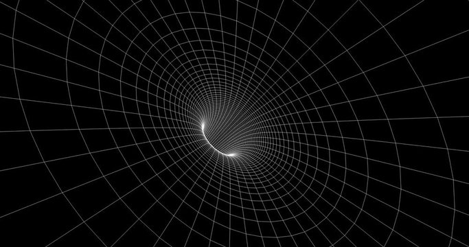 Flying through a twisting, squeezed wireframe tunnel.