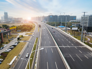 Aerial photography of urban road traffic at an Angle