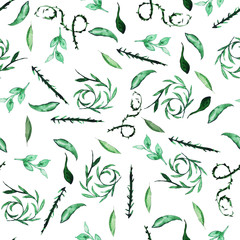 Seamless pattern on a white background, watercolor leaf botany and decorative curls, green color