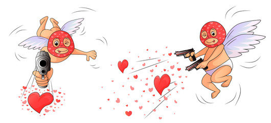 Cupid in mask aims gun. Isolated. White background