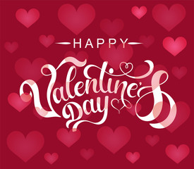 Fototapeta na wymiar Hand drawn elegant modern brush lettering of Happy Valentines Day with pink hearts on dark pink background. Vector illustration. 