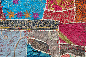 Detail old patchwork carpet. Close up, top view