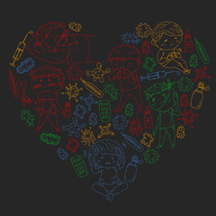Children medical center. Healthcare illustration. Doodle icons with small kids, infection, fever, cold, virus, illness.