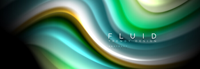 Bright colorful liquid fluid lines on black, modern abstract background