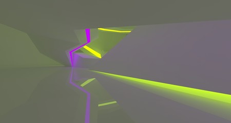 Abstract  white Futuristic Sci-Fi interior With Purple And Yellow Glowing Neon Tubes . 3D illustration and rendering.