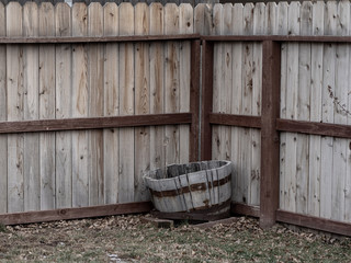 Wooden wine barrel converted to a flower pot in a corner along a rustic fence.