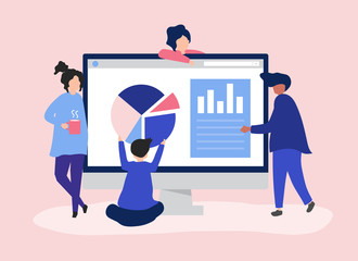 Characters of people analyzing graphs and diagrams illustration