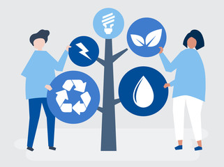 Characters of people and a tree of environmental icons illustration