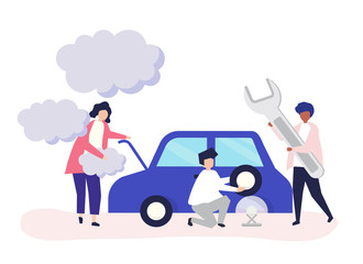 People exchanging a car tire