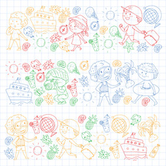Fototapeta premium Happy children playing at seashore, beach, sea, ocean. Kids vacation and travelling. Swimming, doodle icons globe, cruise ship, cocktails