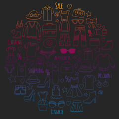 Shopping, market, store. Clothes and fashion icons
