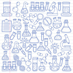 Vector set of chemistry, science icons. Pattern with laboratory equipment images.