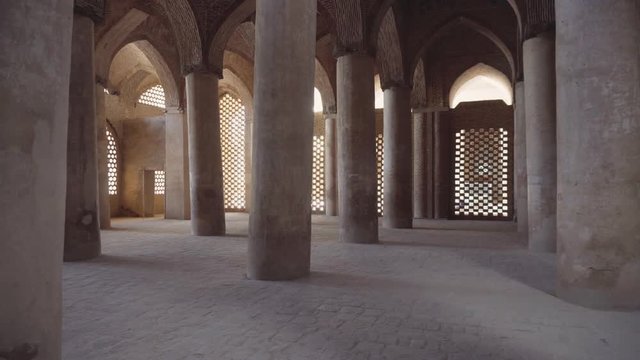 Ancient columns of hypostyle hall inside Jameh Mosque of Isfahan