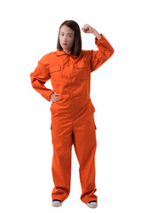 Full body portrait of a woman worker in Mechanic Jumpsuit isolated on white background
