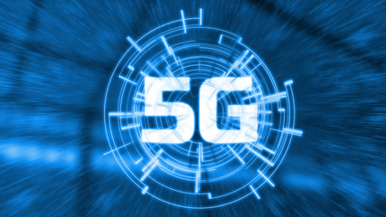 5G technology network wireless with very super fast data communication bandwidth speed. Glowing LED logo with futiristic hud design with blue color warp speed background