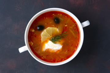 Portion of traditional ucrainian solyanka soup