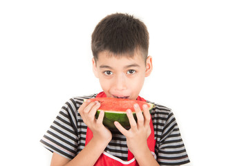 Little boys eat watermelon on white