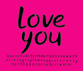 Bright romantic card Love you. Hand drawn alphabet vector set