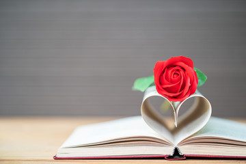 Pages of book curved  heart shape and red rose