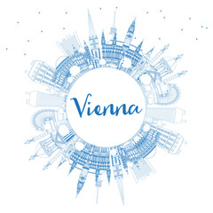 Obraz premium Zarys panoramę miasta Wiedeń Austria z niebieskimi budynkami i miejsca kopiowania.