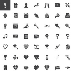 Love and Valentine's Day vector icons set, modern solid symbol collection, filled style pictogram pack. Signs, logo illustration. Set includes icons as Calendar page, I love you text, Romantic music