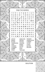 Puzzle and coloring activity page for grown-ups with jobs, occupations themed word search puzzle (English) and wide decorative frame to color. Family friendly. Answer included.
