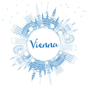 Outline Vienna Austria City Skyline with Blue Buildings and Copy Space.