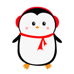 Happy New Year. Penguin icon. Red headphones hat. Merry Christmas. Cute cartoon kawaii baby character. Arctic animal. Flat design. Hello winter. Isolated. White background.