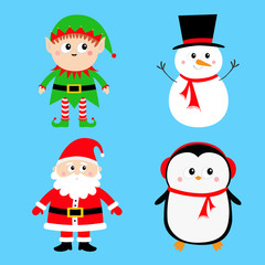 Santa Claus Elf Snowman Penguin set. Happy New Year. Merry Christmas. Red green black hat. Cute cartoon funny kawaii baby character. Greeting card. Flat design. Blue background.