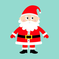 Santa Claus standing. Happy New Year. Merry Christmas. White moustaches, beard. Red hat. Cute cartoon funny kawaii baby character. Greeting card. Flat design. Blue background.