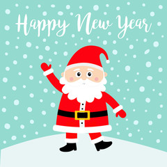 Happy New Year. Santa Claus on snowdrift. Merry Christmas. White moustaches, beard. Red hat. Cute cartoon funny kawaii baby character. Greeting card. Flat design. Blue snow background.