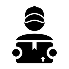 Worker icon vector male logistics service person profile avatar with cargo package box for freight and courier in Glyph Pictogram Symbol illustration