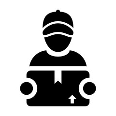 Factory icon vector male worker logistics service person profile avatar with cargo package box for courier and delivery in Glyph Pictogram Symbol illustration