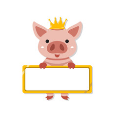 Vector cartoon character cute pig with blank sign for design.