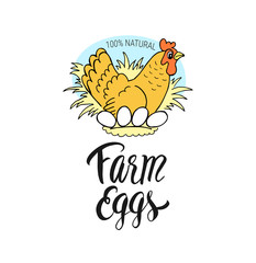Farm eggs hand drawn chicken and handwritten lettering. Label design for shop, market, menu, poster, banner